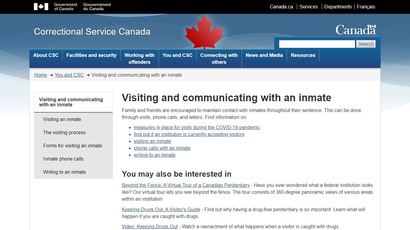 Visiting and communicating with an inmate - Correctional Service of Canada